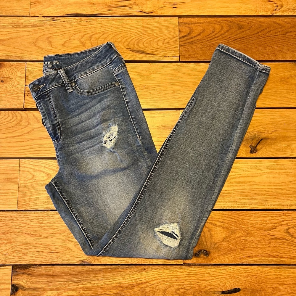 Maurice’s Stretch Jeans; high rise distressed denim.
